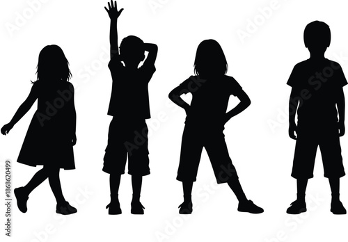 Silhouette of four diverse children standing in active poses with one boy raising his hand isolated on a white background.