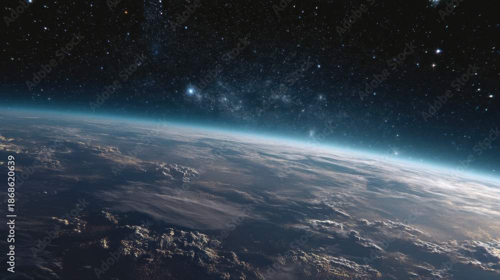 Fototapeta premium Stunning view of earth from space showcasing curvature and starry sky.