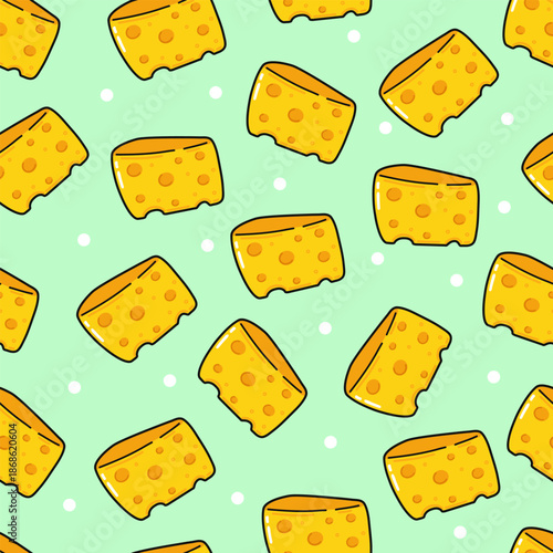 Cartoon cheese slices seamless pattern on green background