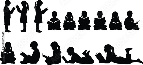 Silhouettes of children and students reading books in various poses including standing, sitting, and lying down for education and literacy.