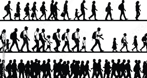 Silhouettes of School Children and People Walking with Backpacks and Books for Education Back to School and Learning Life Concept (20 words)