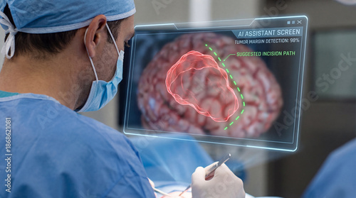 Wallpaper Mural Surgeon views augmented reality assistant screen highlighting brain tumor and suggested incision path, focused surgical procedure and precision Torontodigital.ca