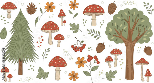 Forest nature icon set, whimsical mushroom tree leaf pinecone illustration, hand-drawn vector design, botanical and autumn theme