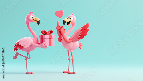 Two pink flamingos in romantic mood exchanging gift box with ribbon symbolizing tender valentine love and couple relationship celebration against soft blue background with copy space
