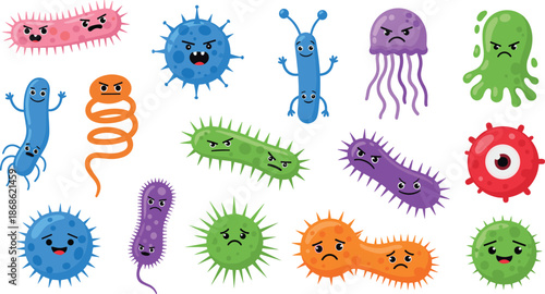 Microbe and bacteria cartoon icon set, expressive virus characters, colorful vector illustration, educational and health theme