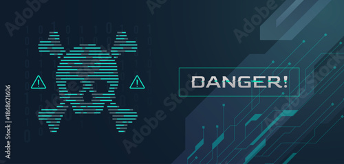 Cyber security danger concept with skull and crossbones icon on dark teal background. Futuristic digital threat warning, malware alert, and hacking protection for professional technology themes. hack