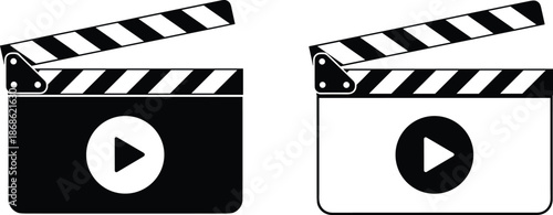 Movie clapperboard icon set, play button media symbols, black and white vector illustration, film production and video theme