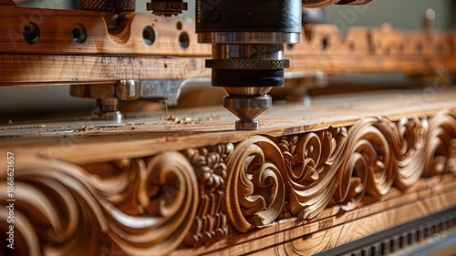 A CNC machine shapes wood with precise cuts, creating detailed designs on a wooden panel. The workshop is filled with tools and materials, showing the craft of woodworking