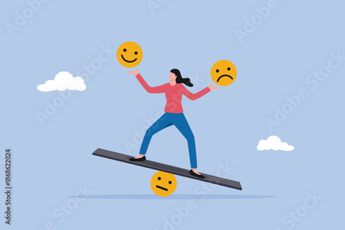 Emotional intelligence, mindful calm woman using her hand to balance smile and sad face, balance emotion control feeling between work stress or sadness and happy lifestyle concept.