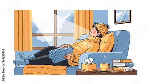 Illustration of a sick young woman wearing winter clothing, lying on a couch with a heating pad, tissues, and books, near a window with snow outside.