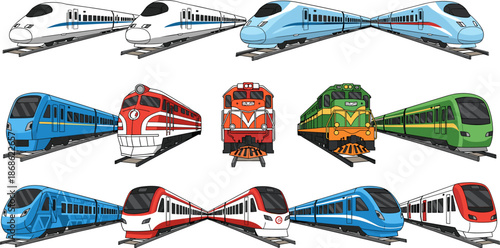 Train front view collection, high-speed locomotives, metro and freight trains, colorful transport icons, modern railway illustration, symmetrical layout, global train types
