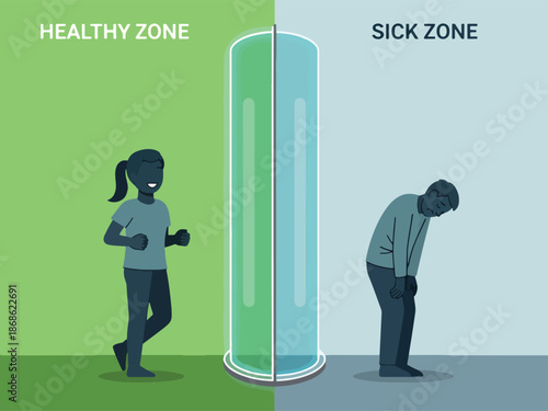 Illustration dividing a healthy active person and a sick slumped person by a vertical gradient bar