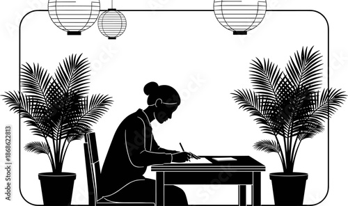 Silhouette illustration of writing desk, indoor plants, hanging lanterns, peaceful workspace, black and white decor, focused person, calm interior scene