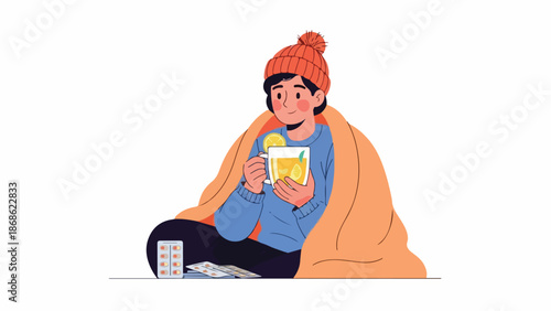 A person in a blue shirt and orange hat sits on the floor with a book and mug, wrapped in an orange blanket against a white background.