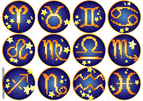 Twelve golden zodiac symbols in blue circles