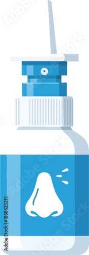 Illustration of a blue and white nasal spray bottle with a nose icon