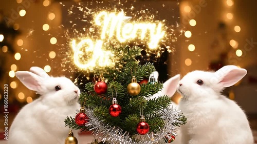 White Bunnies Decorating Christmas Tree with Ornaments and Lights in Festive Setting