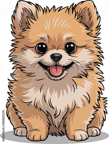 A cute fluffy happy Pomeranian puppy dog sits smiling with its tongue out