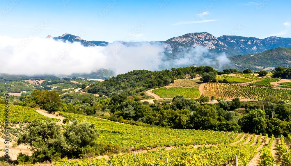 Fototapeta premium Vineyard landscape with rolling hills, misty mountains