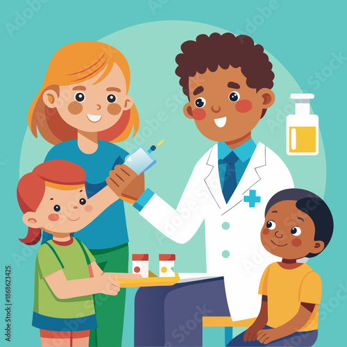 Vaccination. Flat pediatrician kids vaccine. Young doctor, medical check up sick child. Anti flu injection adult and children set