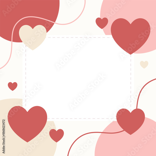 Valentine day greeting card frame with hearts and pastel organic shapes on creamy background layout