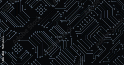 Futuristic circuit board pattern on black background. Hi-tech CPU panel. Sci-fi technology banner design. Vector illustration