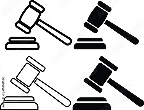 Group of gavel set icons. Judge gavels collection flat icon. Auction hammer icon. Gavel icon in different style. Court tribunal symbol - stock vector.