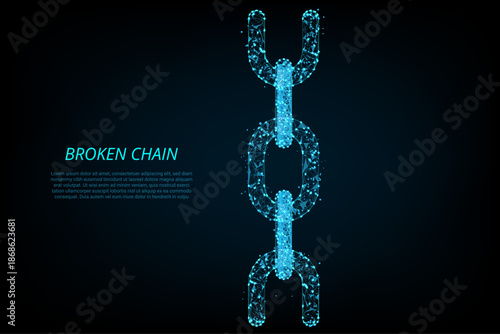 A futuristic broken chain illustration rendered in a glowing blue polygonal wireframe style against a dark background.