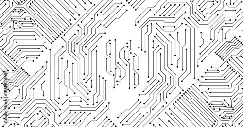 Futuristic circuit board pattern on white background.