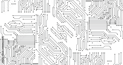 Futuristic circuit board pattern on white background.