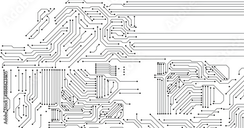 Abstract technology circuit diagram on white background.