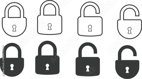 set of open and close padlock line and flat icon. collection of locked and unlocked lock on transparent background. Group Security symbol for your web site design, logo, app. safety protection