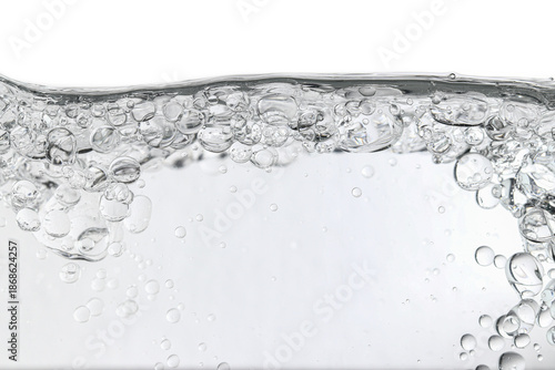 Foto Clear water bubbles forming an abstract liquid texture on a white background, fe