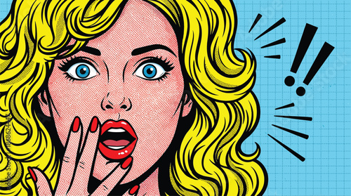Shocked Woman With Blue Eyes And Blonde Hair In Pop Art Style surprise expression