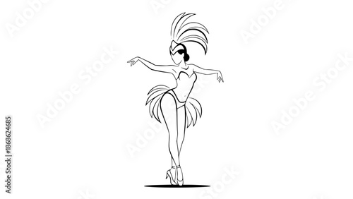 Silhouette of a woman dancing Carnival, stylized costume, minimalist vector design, limited color palette, elegant composition, thin lines, abstract modern illustration, white background