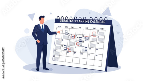 Businessman pointing at strategic planning calendar with tasks and deadlines marked