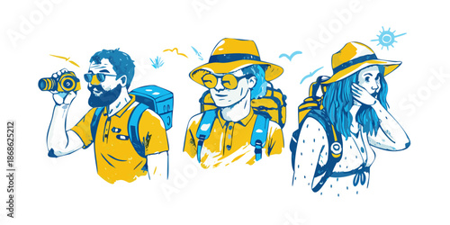 Portraits of world travelers in a messy, artistic doodle style. Characters wearing sun hats, backpacks, and binoculars. Earthy tones mixed with bright pops of yellow and blue. Hand-painted feel.