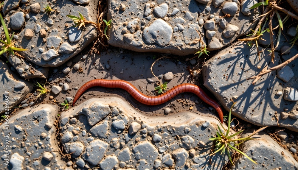 Fototapeta premium The image features a reddish brown segmented worm moving across a rocky terrain