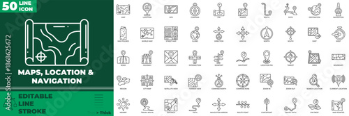 Maps Location And Navigation Line Editable Icons set
