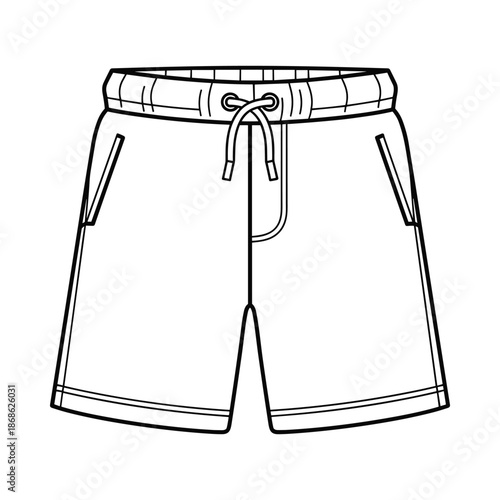 Black and white illustration of men's shorts with pockets and drawstring waistband