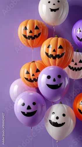 Festive halloween balloons: smiling pumpkins and ghosts against purple backdrop