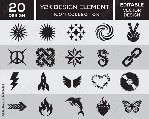 Y2K Design Elements Vector Icon Collection. Set of simple abstract shapes.  20 Minimalist Black Y2K Symbols Bundle. Peace Signs, Dragons, Butterflies, Flaming Hearts, Rockets.