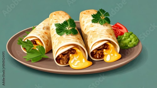 Delicious cheesefilled taquitos with fresh tomato and guacamole garnish on a wooden plate