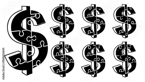 Financial Puzzle Strategies: Black Dollar Sign Variations Silhouette,  A collection of black silhouette dollar signs rendered as puzzle pieces, including one large multi-piece sign and several smaller