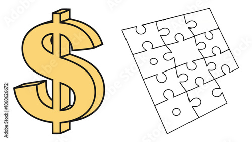 Isometric golden dollar sign and incomplete puzzle board,  Isometric line art illustration showing a large, golden, three-dimensional dollar sign next to a rectangular puzzle board with several pieces
