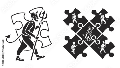 Devil character with pitchfork and devil puzzle piece cross set, Black and white silhouette illustration featuring two elements: a large devil character with a pitchfork walking in front of a puzzle