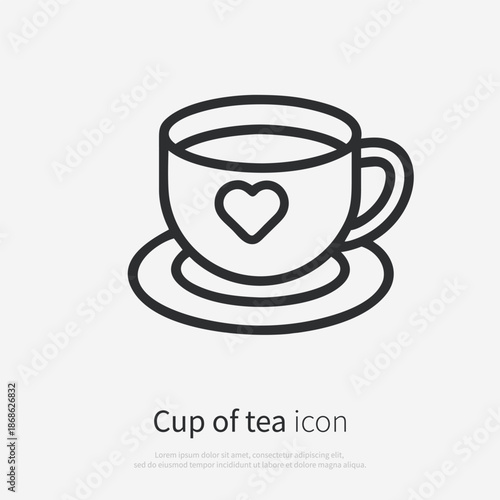 Tea cup with heart icon silhouette front view. Vector logo of a coffee cup. Perfect for coffee, tea, comfort, cafe culture, menus and branding. Illustration isolated on white background.