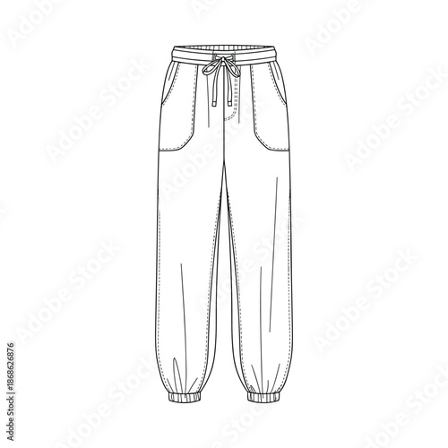 Black and white illustration of joggers with pockets and elastic cuffs