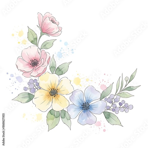 Artistic Watercolor Flower Bouquet with Botanical Leaves on White Background