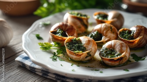Wallpaper Mural Gourmet escargot with herb butter on white plate with parsley garnish. Torontodigital.ca